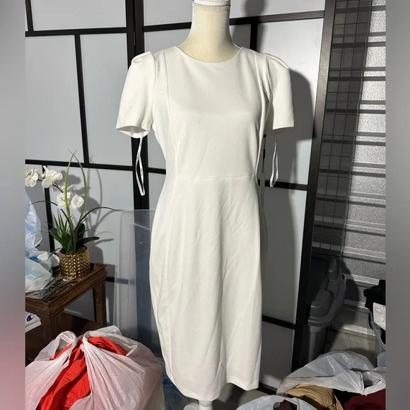 Calvin Klein | Dresses | Calvin Klein Womens White Trim At Waist Lined Short  Sleeve Fit Flare Dress | Poshmark